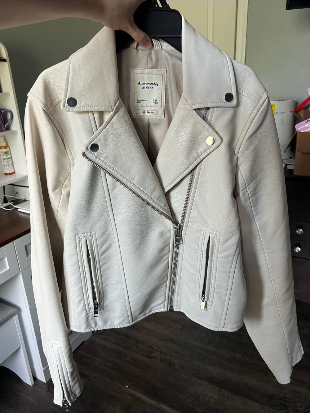 Abercrombie & Fitch Cream Faux Leather Moto Jacket